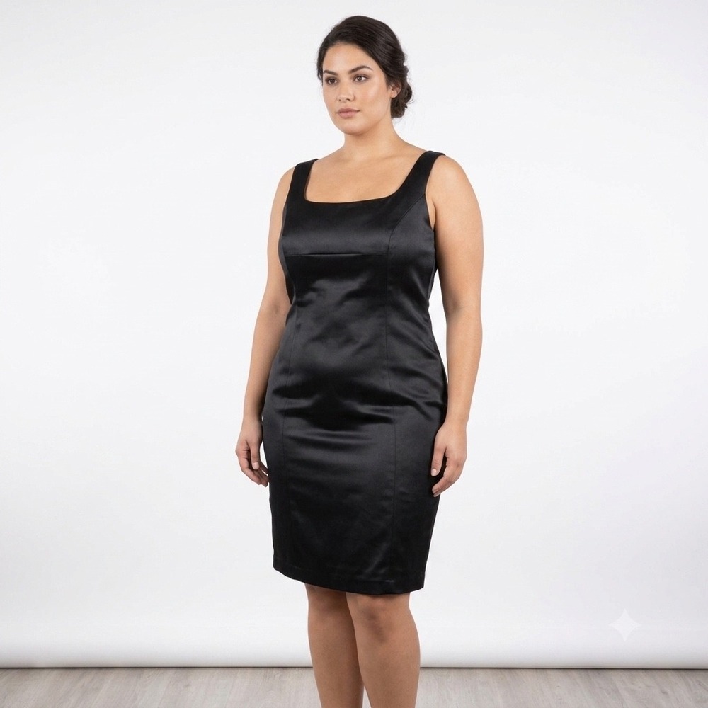 Talbots Black Satin Sheath Dress Square Neck Sleeveless Formal Cocktail 14XL